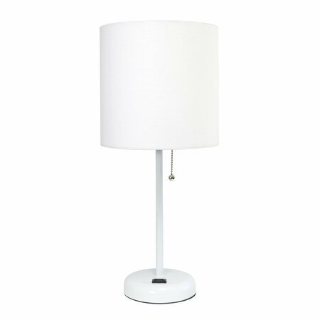 CREEKWOOD HOME Oslo 19.5in Contemporary Bedside Power Outlet Base Metal Table Lamp, White, White Drum Fabric Shade CWT-2008-WO